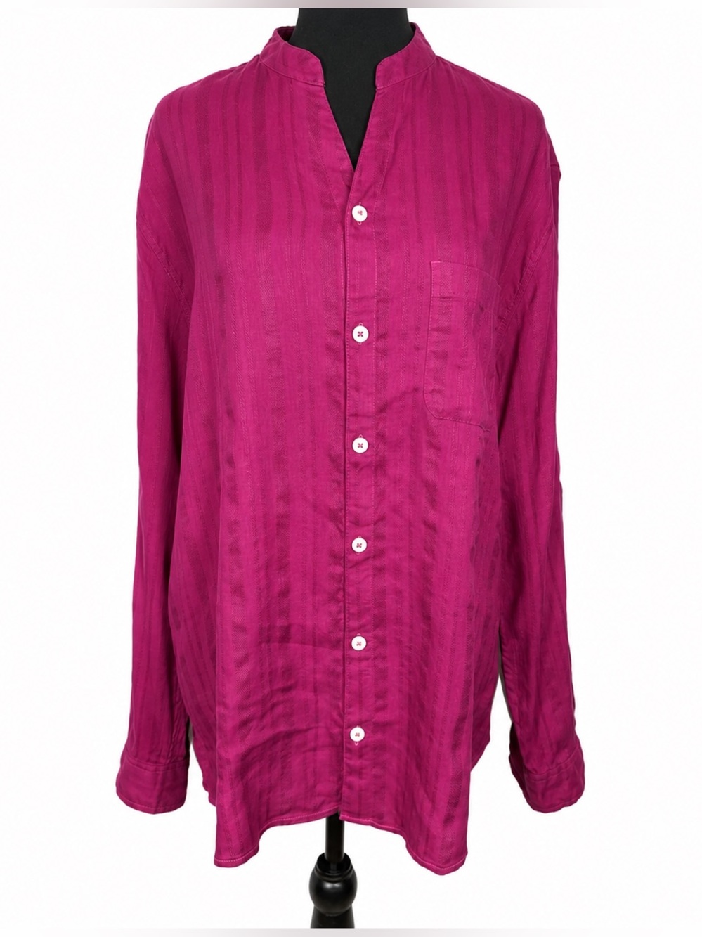 Caribbean Large Linen Rayon Fuchsia Textured Stripe Split V-Neck Shirt Tunic